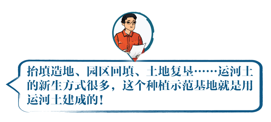这些挖出来的运河土用来抬填造地、园区 回填、土地复垦等七大方向。咱们这个种 植示范基地就是用运河土建成的！  